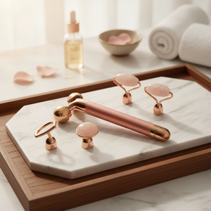 Vibrating Rose Quartz 3D Facial Roller Massager Kit Anti-Aging Skincare Tool Fac
